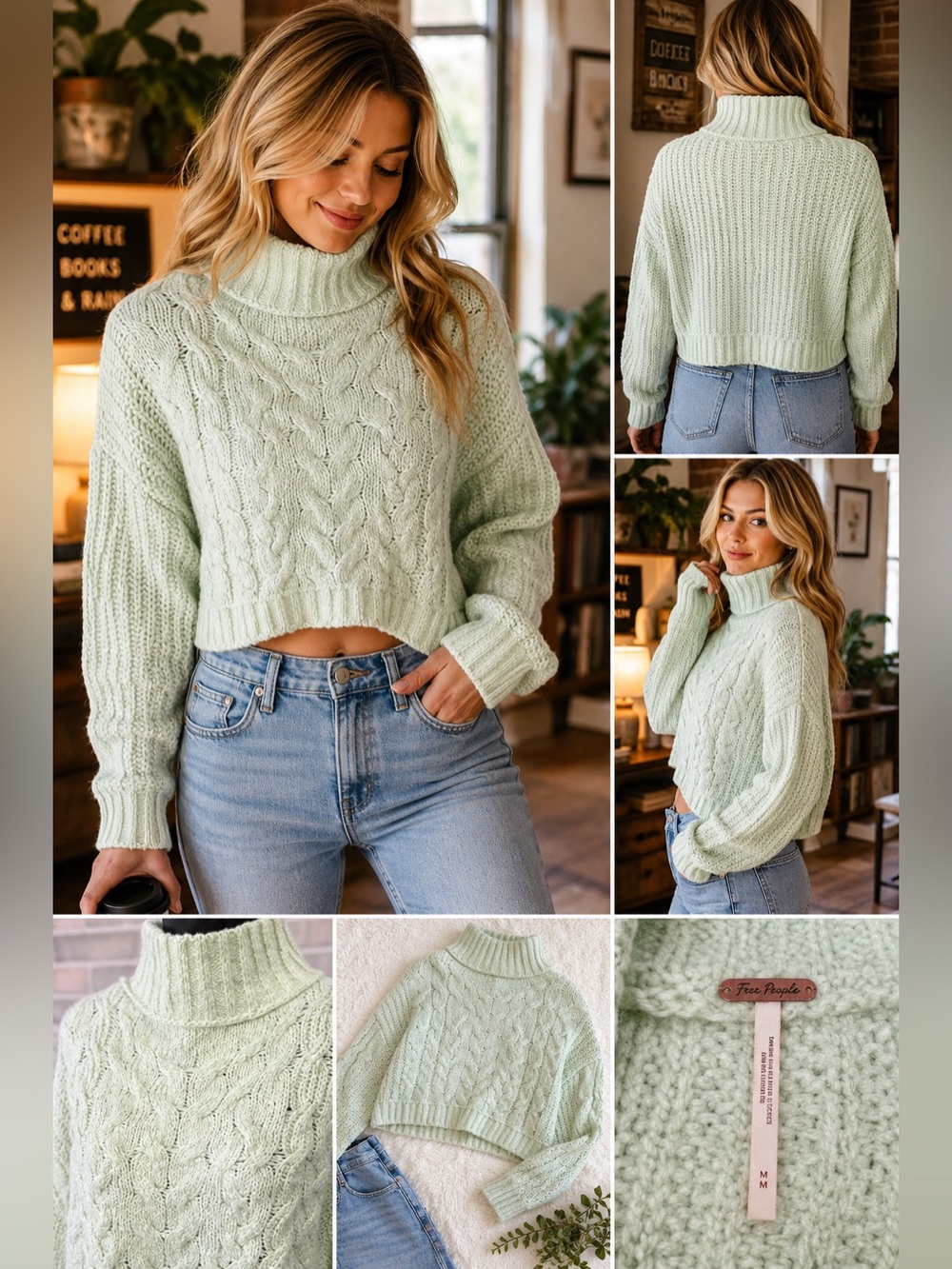 Free People Merry Go Round Cable‎ Knit Crop Sweater Mint Green Turtleneck Medium